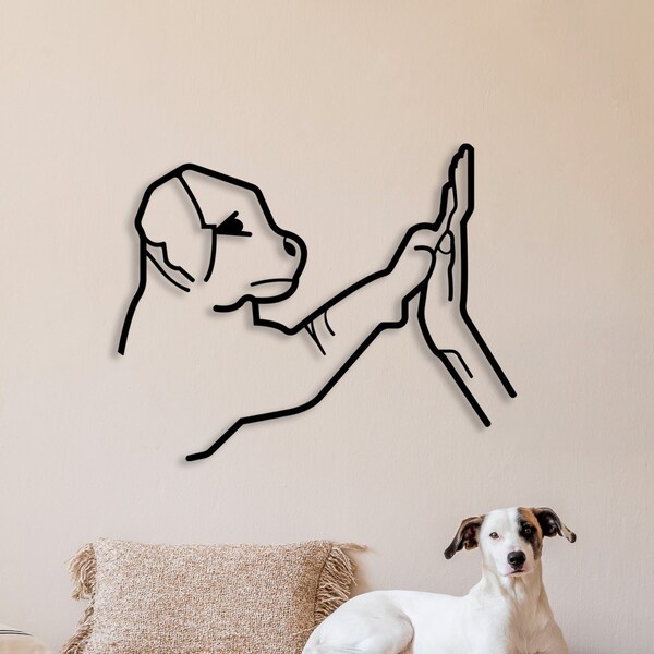 Arte de línea minimalista, decoración de pared de metal para perros y humanos, arte de pared de metal, colgantes de pared, regalo para amantes de los perros, arte de pared geométrico, decoración de metal para el hogar