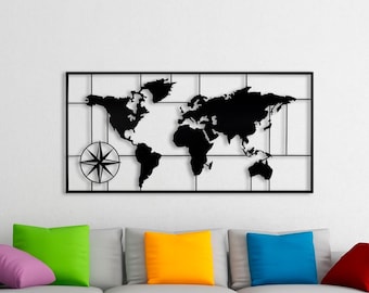 Metal World Map Wall Decor: Modern Black Steel Art (38x19in)