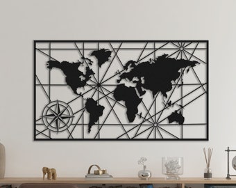 Metal World Map Wall Art, World Map Compass Continent, Metal Wall Decor, Interior Decoration, Wall Hangings, Office Decor (39X22in/98x55cm)