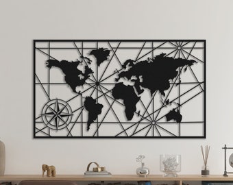 Geometric Metal World Map Wall Art: Modern Travel Decor (39x22 inches)