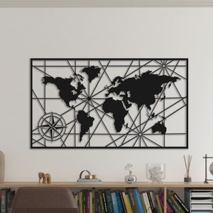 Metal World Map Wall Art, World Map Compass Continent, Metal Wall Decor, Interior Decoration, Wall Hangings, Office Decor (39X22in/98x55cm)