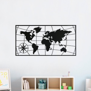 Mapa mundial de metal, decoración de pared de metal, obra de arte, arte de pared de mapa mundial, arte en metal, decoración de pared, decoración de metal para el hogar (39 x 18 pulgadas) (98 x 49 cm)