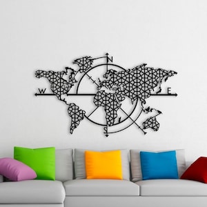 Metall Weltkarte Kompass, Metall Wanddekoration, Kunstwerk, Weltkarte Wandkunst, Wanddekoration, Home Metalldekor (38x24 inches/ 97x62cm)