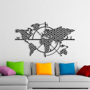 Boussole carte du monde en métal, décoration murale en métal, oeuvre d'art, art mural carte du monde, art en métal, décoration murale, décoration en métal pour la maison (38x24 inc/97x62 cm)