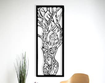 Minimalist Line Art Woman: Tree of Life Metal Wall Decor