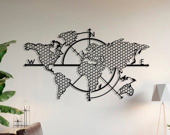 Metalen wereldkaart kompas, metalen wanddecoratie, kunstwerk, wereldkaart kunst aan de muur, metalen kunst, wanddecoratie, buitendecoratie (40×23inch/99x57cm)