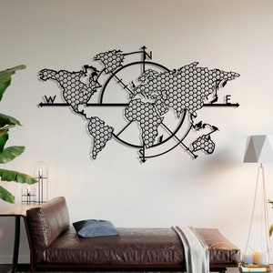 Brújula de mapa mundial de metal, decoración de pared de metal, obra de arte, arte de pared de mapa mundial, arte de metal, decoración de pared, decoración al aire libre (40 × 23 pulgadas/99 x 57 cm)