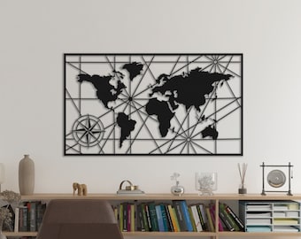 Metal World Map Wall Art: Geometric Compass Decor (39x22 in)