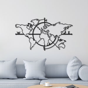 Weltkarte aus Metall, Metallwanddekor, Metallwandkunst, Weltkarte Wandkunst, Metallkunst, Housewarminggeschenk, Wandbehang (97x56 cm/ 118x68 cm)