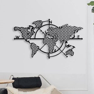 Boussole carte du monde en métal XL, décoration murale en métal, oeuvre d'art, art mural carte du monde, art en métal, décoration murale (48 x 27 pouces/118 x 68 cm)