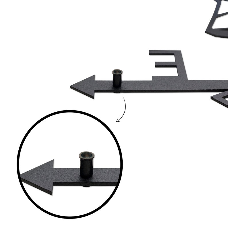 May include: Close-up of a black metal wind vane with an arrow pointing to the right. The arrow is attached to a metal rod with a small metal pin. The pin is used to adjust the direction of the arrow.