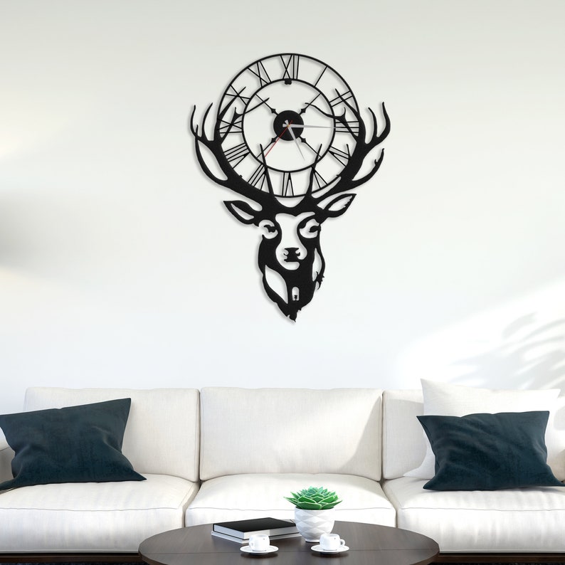 Deer Metal Wall Clock, Moose Metal Metal Clock, Metal Wall Decor, Home Office Decoration Modern Silent Movement 32X24 inches / 81x60 cm Black