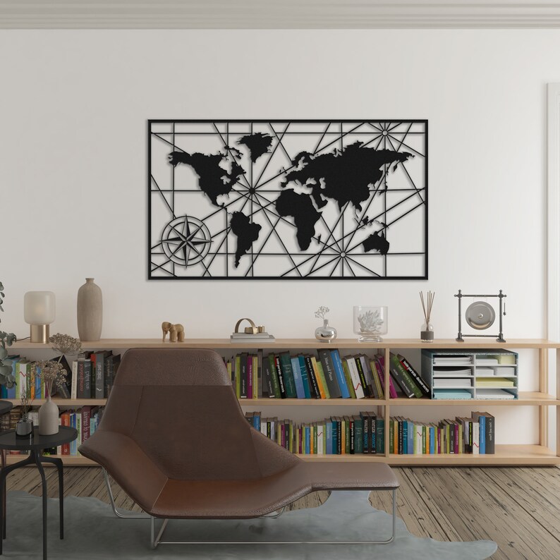 Metal World Map Wall Art World Map Compass Continent Metal Etsy