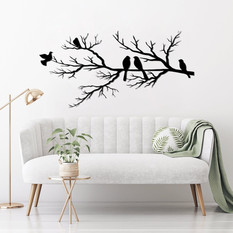 Metalen wand decor, vogels op tak, metalen vogels kunst aan de muur, vogels teken, woonkamer kunst aan de muur, interieur decoratie, wandkleden, vogels kunst afbeelding 1