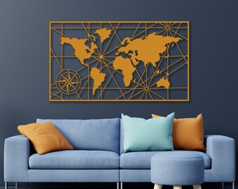Decorazione Da Parete In Metallo - Mappa Del Mondo Con Bussola, Nero, 39 X 29 Cm