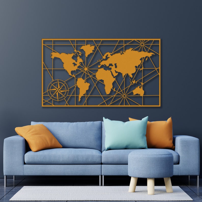 Metal World Map Wall Art: Geometric Compass Decor (39x22 In) - Etsy