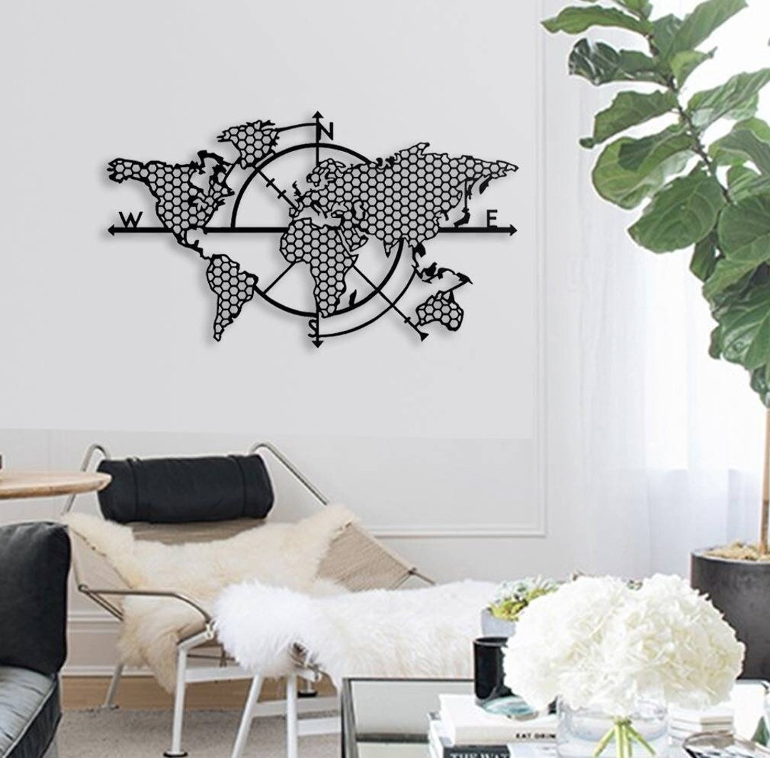 XL Metal World Map Wall Art: Compass Design (48x27 Inches) - Etsy
