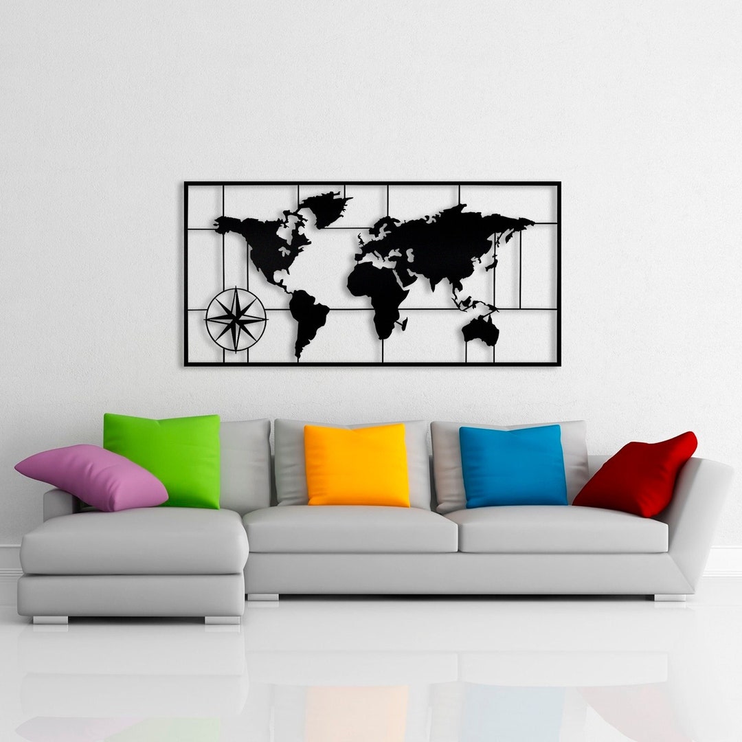 Metal World Map Wall Decor: Modern Bl...