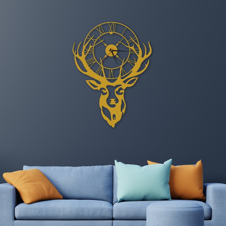 Deer Metal Wall Clock, Moose Metal Metal Clock, Metal Wall Decor, Home Office Decoration Modern Silent Movement 32X24 inches / 81x60 cm Gold