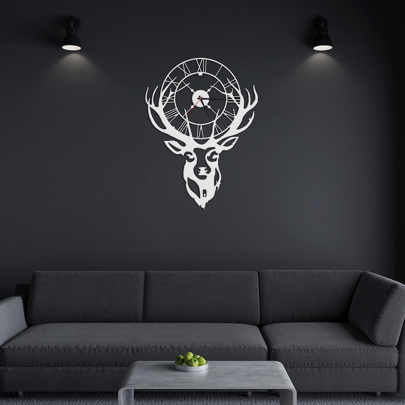 Deer Metal Wall Clock, Moose Metal Metal Clock, Metal Wall Decor, Home Office Decoration Modern Silent Movement 32X24 inches / 81x60 cm White