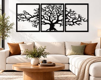 May include: A three-piece wall art set featuring a black metal tree silhouette divided across three square frames. The central panel displays a full tree trunk and branches, while the two side panels show extended branches reaching outward.