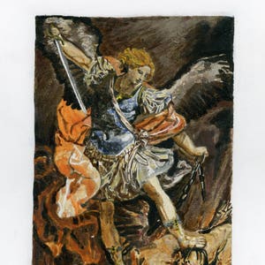 May include: A painting of the Archangel Michael, a winged figure in blue and gold armour, defeating a chained demon. The angel is depicted with a sword in one hand and a chain in the other, while the demon is lying on the ground, defeated. The painting is done in a realistic style, with a focus on detail and light.