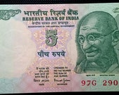 Rare Vintage Crisp Uncirculated India 5 Rupees Ghandi Peace Leader Note World Banknote Currency