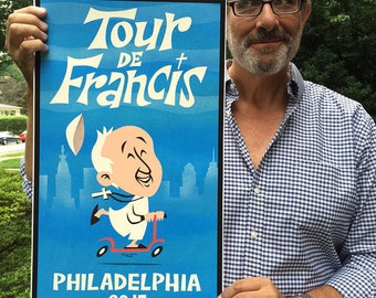 Pope Francis wheels in to Philadelphia... dares to have fun!  Scooter Ready, ACTION PACKED!  A commemorative print in a Mid Century style!