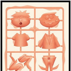May include: An orange-toned illustration of a figure disassembled on a sprue, like a model kit. The parts include a head, shirt, jacket, pants, and feet. The image is framed in black and has the artist's signature.