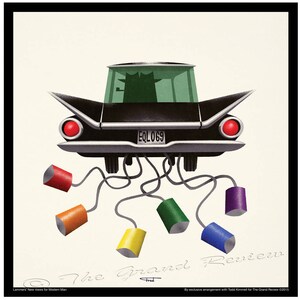 May include: A black car with a green rear window and a license plate that reads "EQL069" is attached to six colorful tin cans by strings. The car is driving away from the viewer. The text "The Grand Review" is written in cursive below the car.