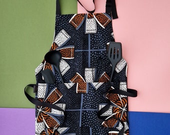 Cotton Apron with 2 Pockets, African Print Bib Apron | Grey Orange Deji Print