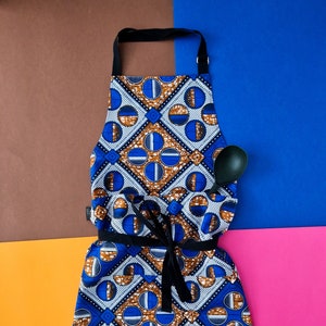 Cotton Apron with 2 Pockets, African Print Bib Apron Blue Bolande Print image 1