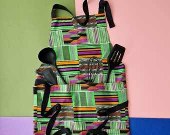 Cotton Apron with 2 Pockets, African Print Bib Apron | Green Kente Kofi Print