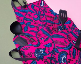 Cotton Apron with 2 Pockets, African Print Bib Apron | Pink Blue Omolara Print