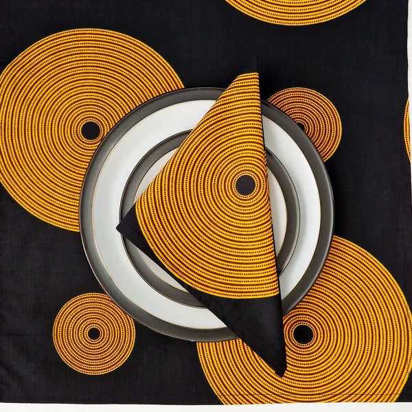 Serviette de table à imprimé africain, 1 grande serviette de table lavable en tissu 100 % coton | Imprimé tunde noir
