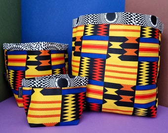 XS-XL Fabric Storage Baskets, African Print Pots | Kojo Yellow Kente Print