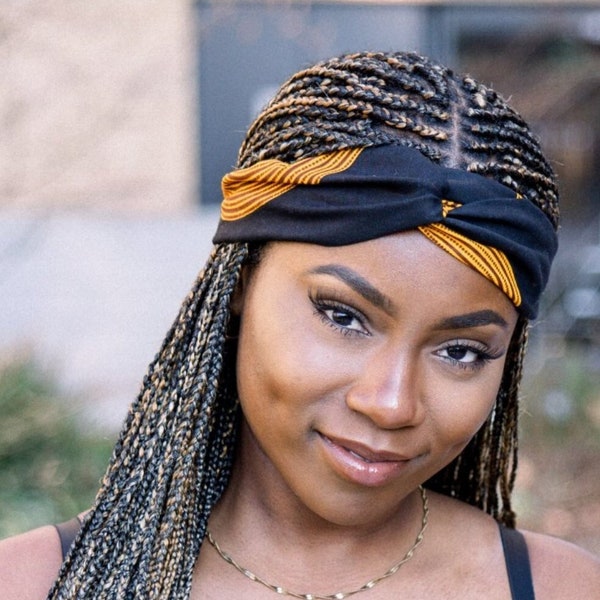 Turban Headband, African Print Headband, Ankara Knot Tie Turban | Black Tunde Print