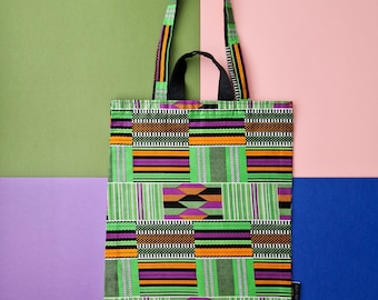 African Print Tote Bag, Lolly & Kiks Ankara Cotton Tote | Green Kente Kofi Print