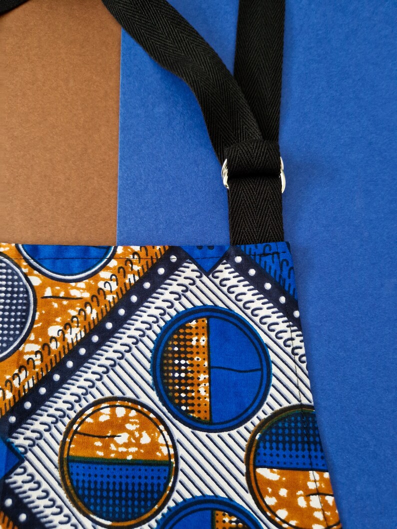 Cotton Apron with 2 Pockets, African Print Bib Apron Blue Bolande Print image 3