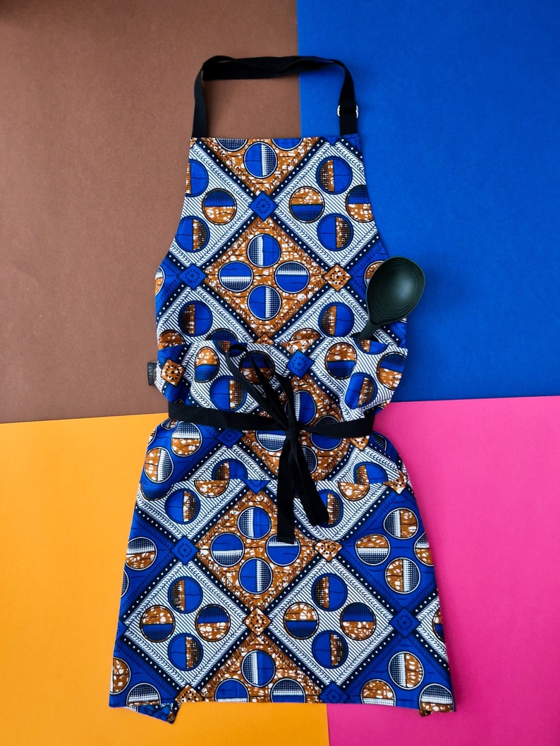Cotton Apron with 2 Pockets, African Print Bib Apron Blue Bolande Print image 1