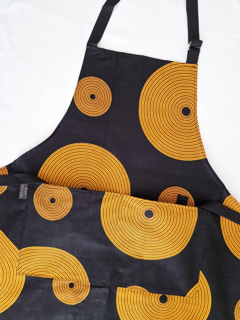 Cotton Apron with 2 Pockets, African Print Bib Apron Black Tunde Print image 4