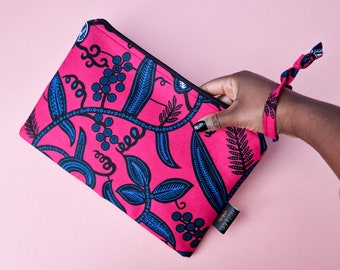 Large African Print Zipper Pouch | Pink Blue Omolara Print