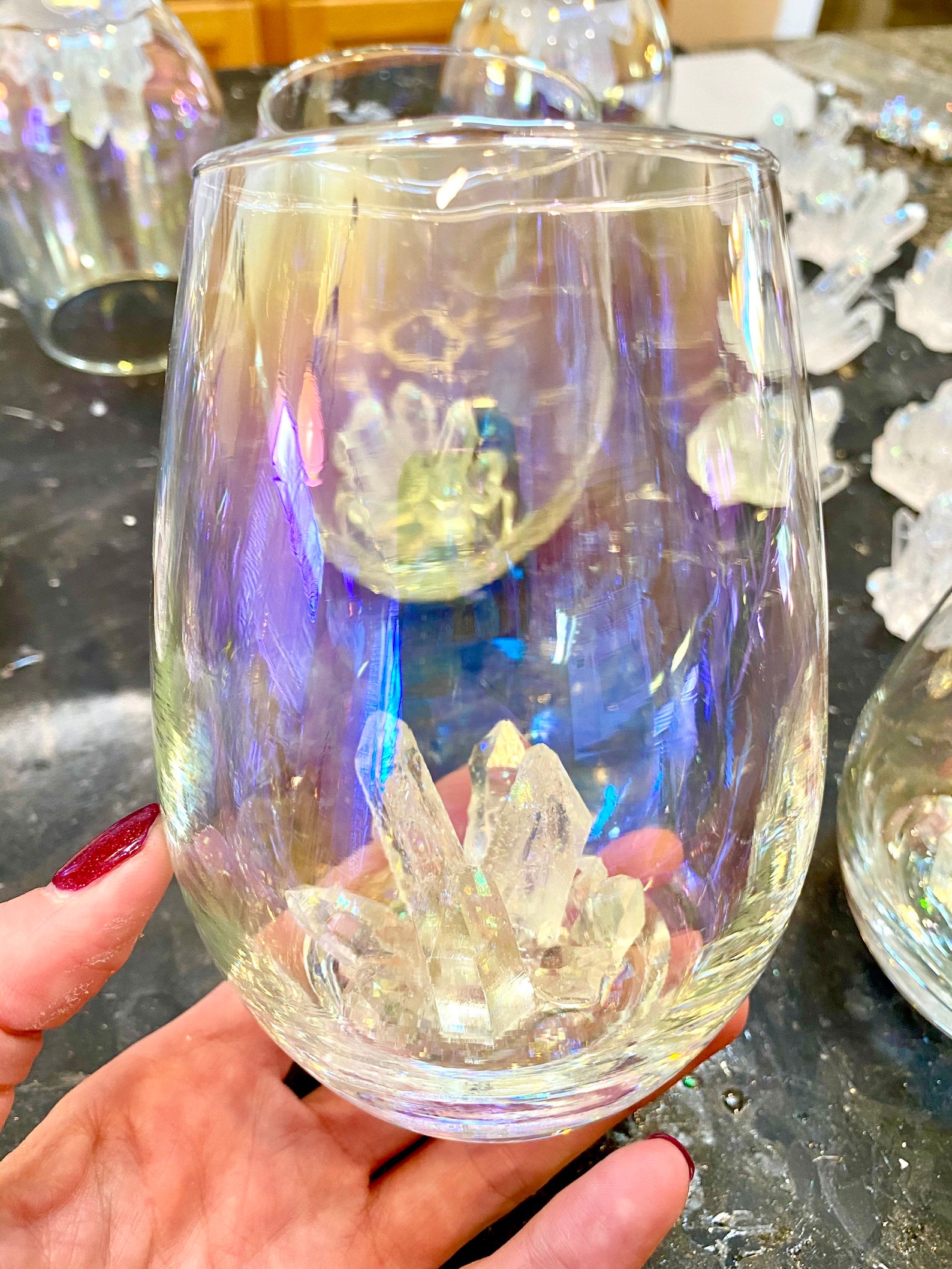 Crystal Quartz Stemless Wine Glasses With Aura Rainbow Etsy