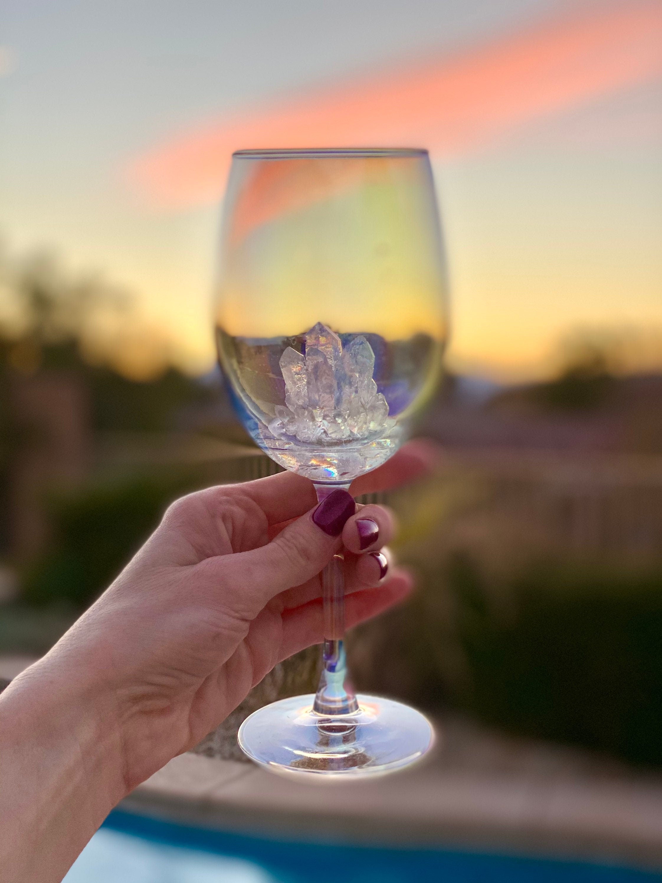 Crystal Quartz Wine Glasses With Aura Rainbow Iridescent Etsy UK