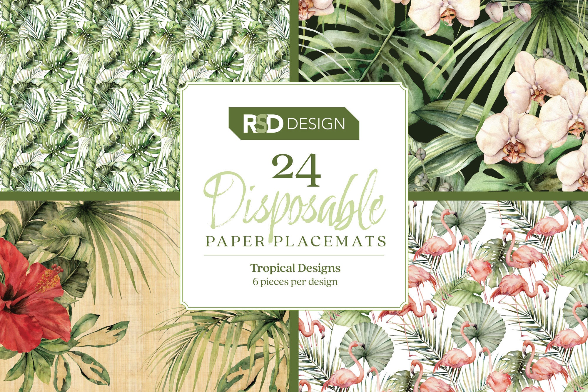 24 Count Tropical Disposable Placemats Summer Table Decor with palm leaves and flamingos perfect for a new home gift party