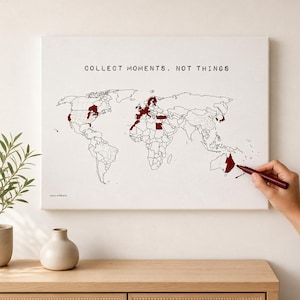 Weltkarte zum Ausmalen oder Pinnen – Reisekarte auf Leinwand, Geschenk für Weltenbummler, handmade in Germany