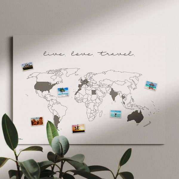 Weltkarte Wandbild live.love.travel. #1- nachhaltig & handemade in Germany- Reiseweltkarte zum ausmalen/pinnen, Keilrahmen, Leinwandposter