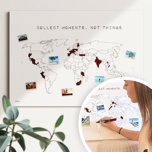 World map wall picture collect moments #1- sustainable & handmade in Germany- travel world map to color in/pin, stretcher frame, canvas poster