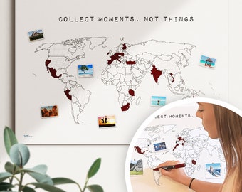 Carte du monde murale collect moments #1 - durable et fait main en Allemagne - carte du monde de voyage à colorier/épingler, châssis, affiche sur toile