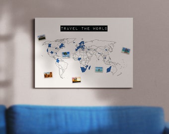 Weltkarte Wand travel the world #1- nachhaltig & handemade in Germany- Reiseweltkarte zum ausmalen/pinnen, Keilrahmen, Leinwandposter